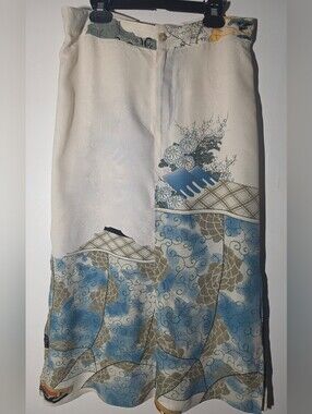Citron 100% Silk Cream Maxi Skirt with Blue and Tan Scenic Print